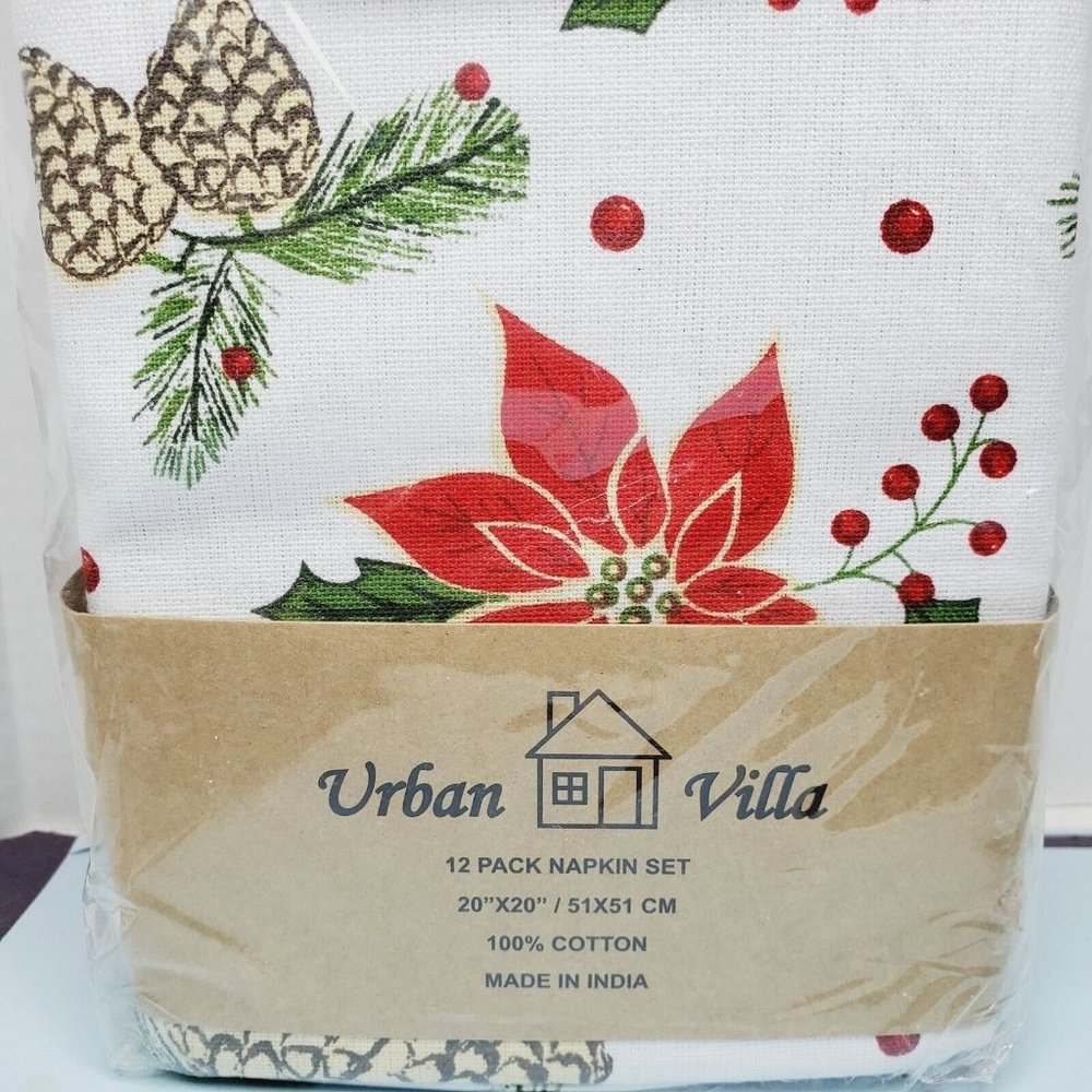 New 12 Dinner Napkins 20X20 Holiday Pinecone Poinsettia Christmas Urban Villa